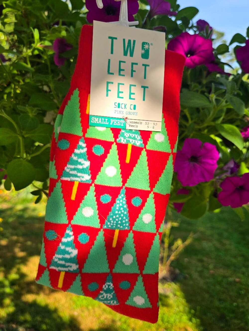 Two Left Feet Co. Red Green Christmas Tree Novelty Crew Socks Unisex Small Feet